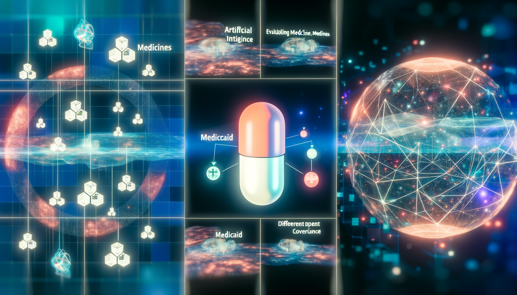 AI drug evaluation, hospital mergers, Medicaid coverage technology and lifestyle illustration