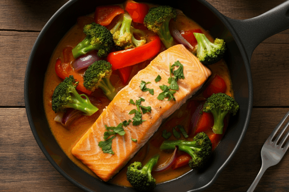 Delicious & healthy! Make restaurant-quality coconut-braised salmon & veggies in just one pan. Quick, easy dinner!