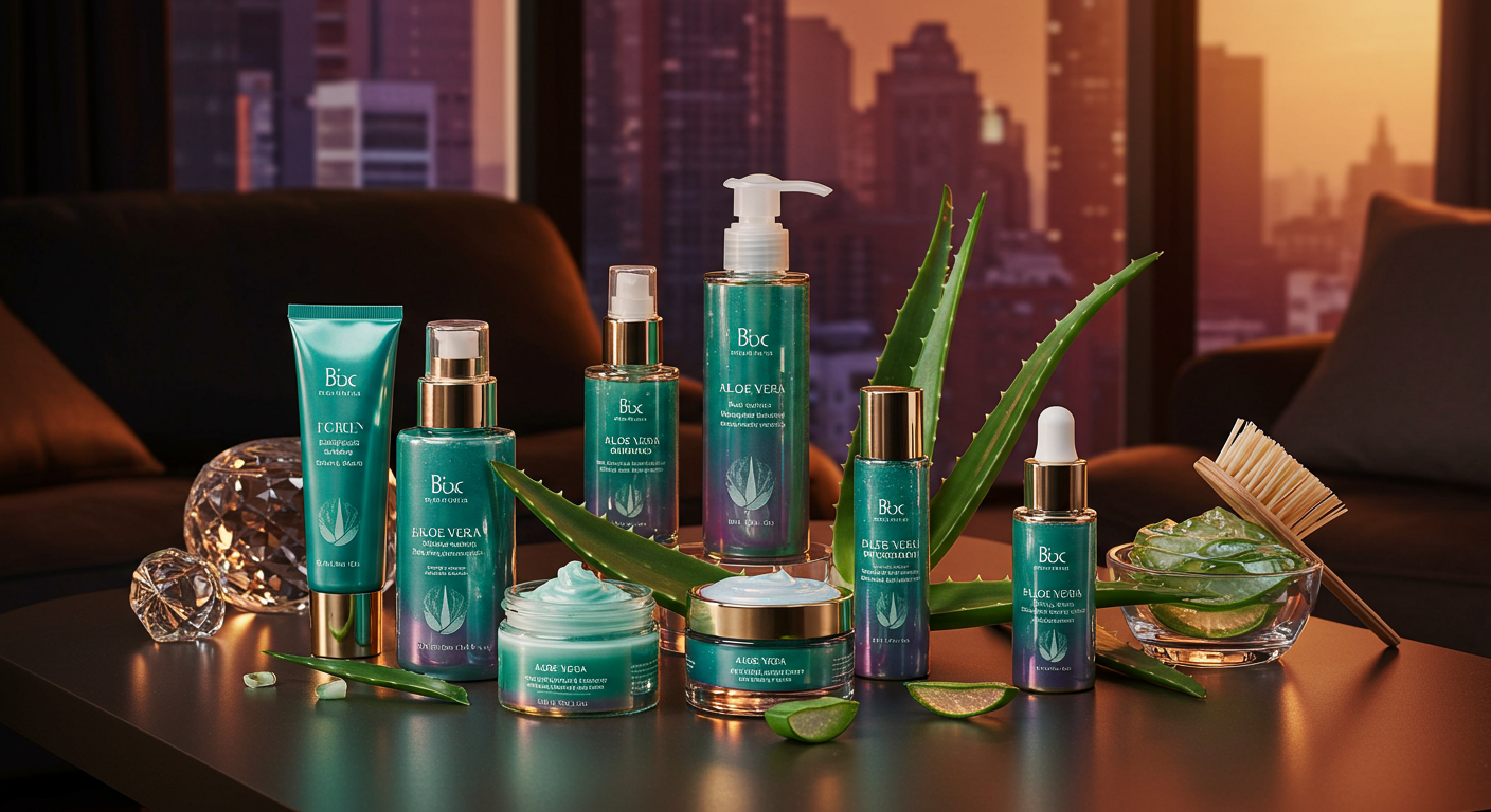 Eye-catching visual of aloe vera, beauty ingredients, botanicals
and  lifestyle vibes