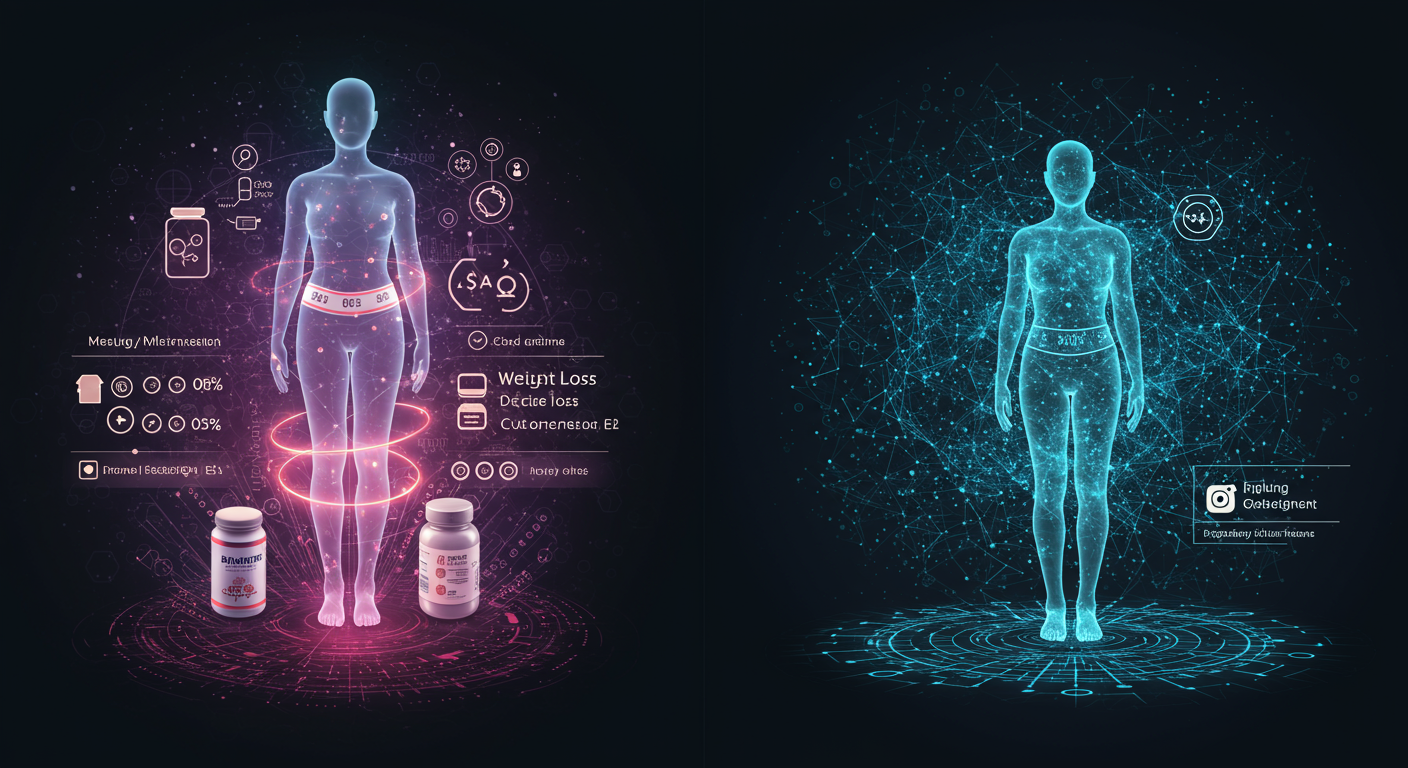 weight loss, dosage, supplements technology and lifestyle illustration
