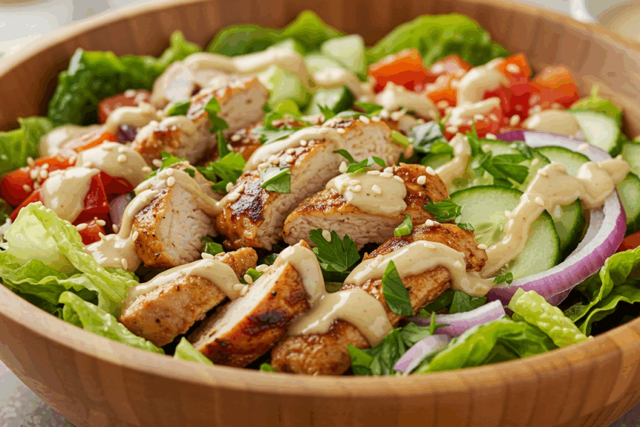 Craving a healthy & delicious meal? Try this vibrant shawarma salad bursting with flavor and packed with protein!